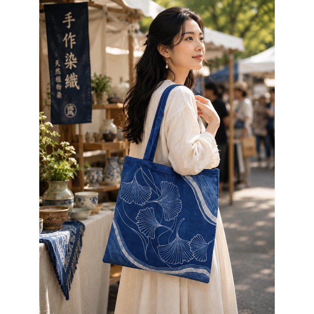 Handmade Indigo Batik Ginkgo Tote Bag, Large Cotton Canvas Shoulder Bag